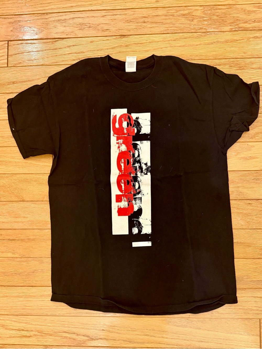 Gildan Black Short-Sleeve Tee with Red & White Vertical Green Graphic